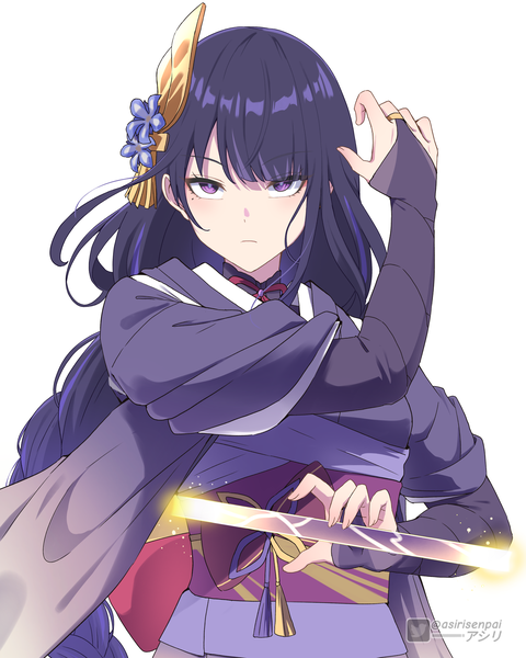 Anime picture 3200x4000 with genshin impact raiden shogun asiri senpai single long hair tall image fringe highres simple background white background purple eyes signed absurdres purple hair upper body blunt bangs braid (braids) traditional clothes japanese clothes arm up