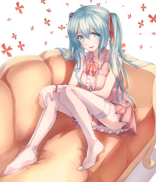 Anime picture 800x932 with vocaloid hatsune miku touboku single long hair tall image looking at viewer blush fringe breasts open mouth blue eyes simple background smile hair between eyes white background sitting twintails bare shoulders payot