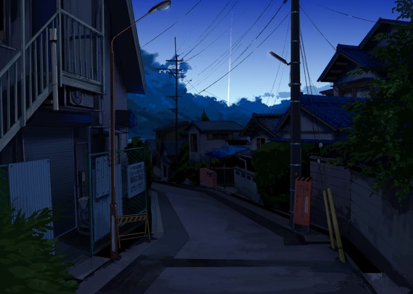 Anime picture 1500x1071 with original kuronokuro sky cloud (clouds) inscription night sky cityscape no people street wire (wires) house