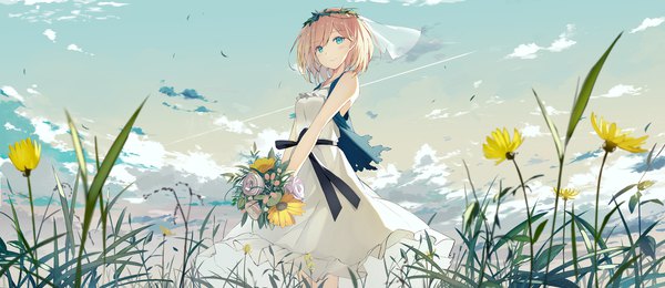 Anime picture 3500x1517 with original sutorora single looking at viewer blush fringe highres short hair blue eyes blonde hair wide image standing bare shoulders holding sky cloud (clouds) outdoors sleeveless condensation trail girl
