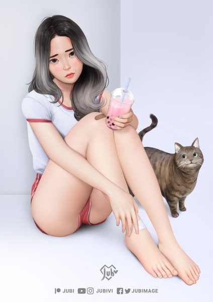 Anime picture 1240x1754 with real life adela pramestiayu (yuuchan) jubi (regiana) single long hair tall image looking at viewer light erotic black hair simple background sitting brown eyes signed full body barefoot fingernails grey hair realistic grey background mole