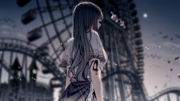 Anime picture 1920x1080 with original atha (leejuiping) single long hair highres black hair wide image looking away sky outdoors from behind black eyes blurry short sleeves depth of field wallpaper girl ferris wheel roller coaster