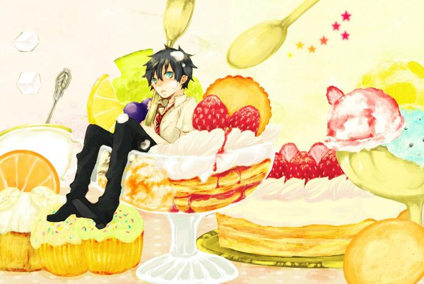 Anime picture 1200x805 with ao no exorcist a-1 pictures okumura rin short hair black hair aqua eyes necktie food sweets star (stars) berry (berries) cake strawberry plate spoon cream orange (fruit) sugar
