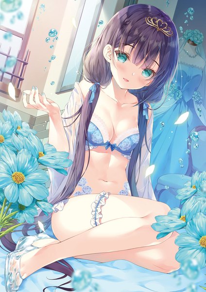 Anime picture 1357x1920 with original miwabe sakura single long hair tall image looking at viewer blush fringe breasts open mouth light erotic black hair smile sitting twintails payot cleavage blunt bangs nail polish head tilt