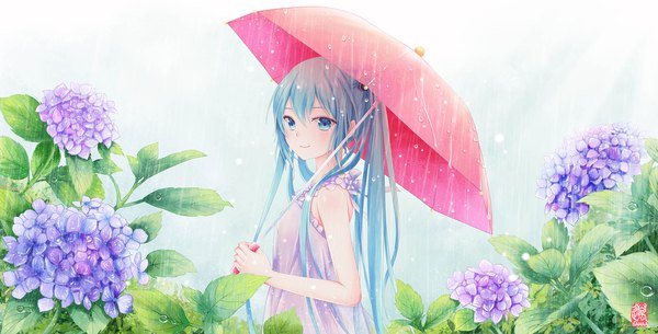 Anime picture 1700x865 with vocaloid hatsune miku sanaa single long hair looking at viewer blush fringe hair between eyes wide image twintails bare shoulders signed upper body aqua eyes light smile sunlight aqua hair rain summer