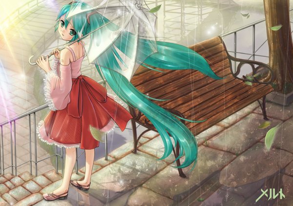 Anime picture 1024x722 with vocaloid hatsune miku r.p.s single twintails bare shoulders signed very long hair looking back aqua eyes aqua hair rain transparent umbrella girl dress detached sleeves leaf (leaves) umbrella bench