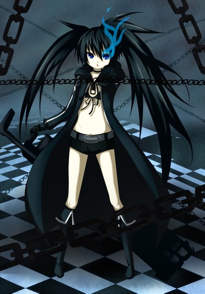 Anime picture 2205x3161 with black rock shooter black rock shooter (character) kuena single long hair tall image highres blue eyes black hair twintails glowing scar glowing eye (eyes) checkered floor girl shorts chain cloak bikini top