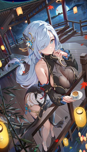 Anime picture 2286x4000 with genshin impact shenhe (genshin impact) shenhe (frostflower dew) (genshin impact) houkisei single tall image looking at viewer blush fringe highres breasts light erotic large breasts standing bare shoulders holding silver hair full body outdoors long sleeves