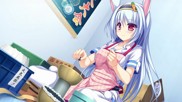 Anime picture 1280x720 with g.i.b. girls in black elise wallenstein tenmaso single long hair blush smile red eyes wide image animal ears blue hair game cg bunny ears bunny girl cooking girl uniform school uniform hairband apron