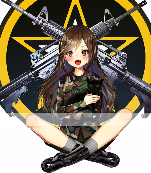 Anime picture 716x820 with original gambe single long hair tall image blush fringe open mouth brown hair sitting holding brown eyes full body bent knee (knees) fang (fangs) happy lacing indian style camouflage girl