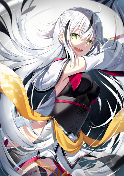 Anime picture 1003x1416 with fate (series) fate/grand order nagao kagetora (fate) nonono (nononotea) single long hair tall image looking at viewer fringe open mouth hair between eyes green eyes silver hair ahoge :d multicolored hair streaked hair shaded face girl detached sleeves