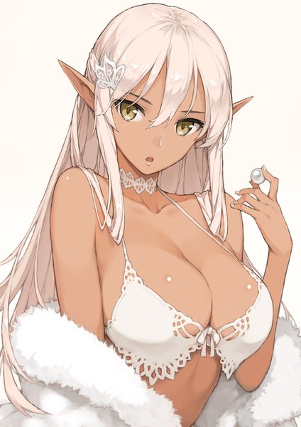 Anime picture 718x1017 with original morisawa haruyuki single long hair tall image looking at viewer fringe breasts open mouth light erotic simple background hair between eyes large breasts bare shoulders holding yellow eyes payot cleavage silver hair upper body