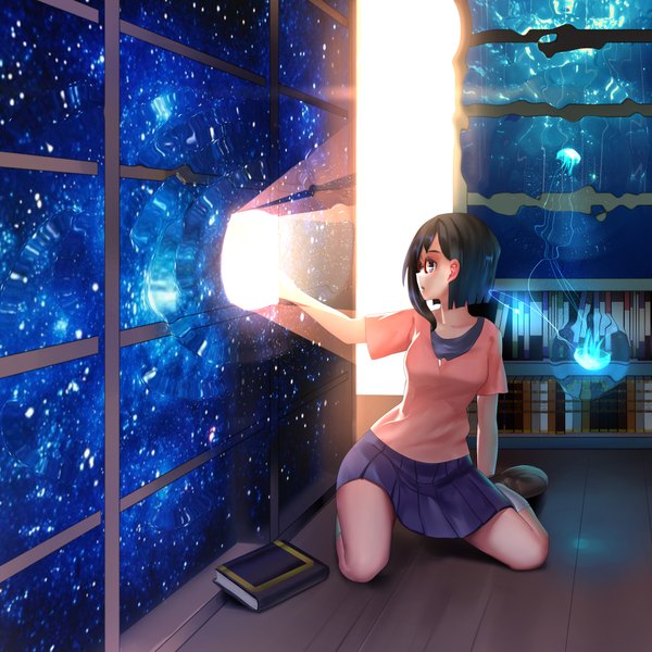 Anime picture 2000x2000 with glasslip p.a. works nagamiya sachi lamase (41) single highres short hair open mouth blue eyes black hair sitting looking away bent knee (knees) profile pleated skirt arm support short sleeves outstretched arm light asymmetrical hair