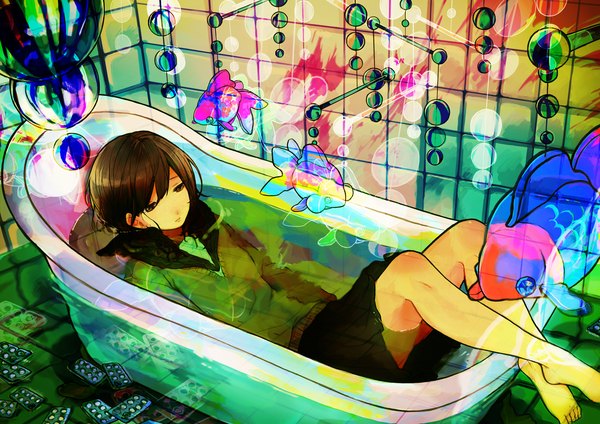 Anime picture 1400x990 with original noricopo (nori0w0) single fringe short hair hair between eyes brown hair brown eyes looking away bent knee (knees) lying pleated skirt barefoot from above bare legs on back crossed legs partially submerged reflection sad