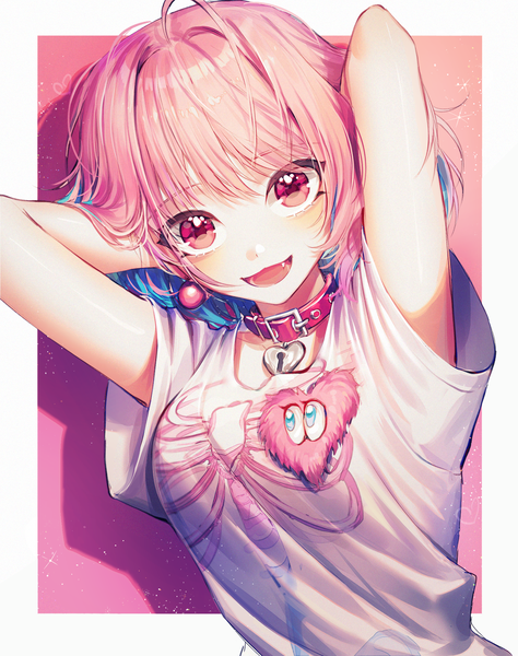 Anime picture 1582x2000 with idolmaster idolmaster cinderella girls yumemi riamu kellymonica02 single tall image looking at viewer blush fringe short hair open mouth simple background smile hair between eyes payot pink hair upper body ahoge :d pink eyes