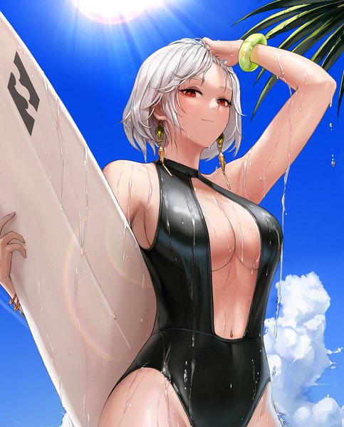 Anime picture 861x1069 with dungeon and fighter female slayer (dungeon and fighter) sword master (dungeon and fighter) monaim single tall image looking at viewer blush fringe short hair breasts light erotic red eyes large breasts holding sky cleavage silver hair cloud (clouds) upper body