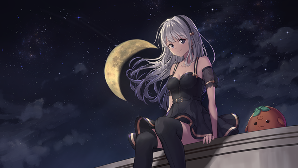 Anime picture 5333x3000 with original saemoy single long hair looking at viewer fringe highres smile wide image sitting purple eyes absurdres silver hair cloud (clouds) outdoors blunt bangs wind night night sky crescent