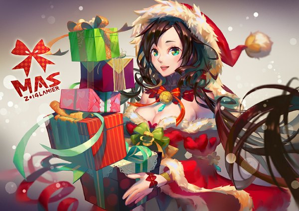Anime picture 1000x707 with utau xia yu yao jofang single looking at viewer blush brown hair twintails green eyes signed cleavage very long hair fur trim christmas 2014 girl hat fur detached collar gift