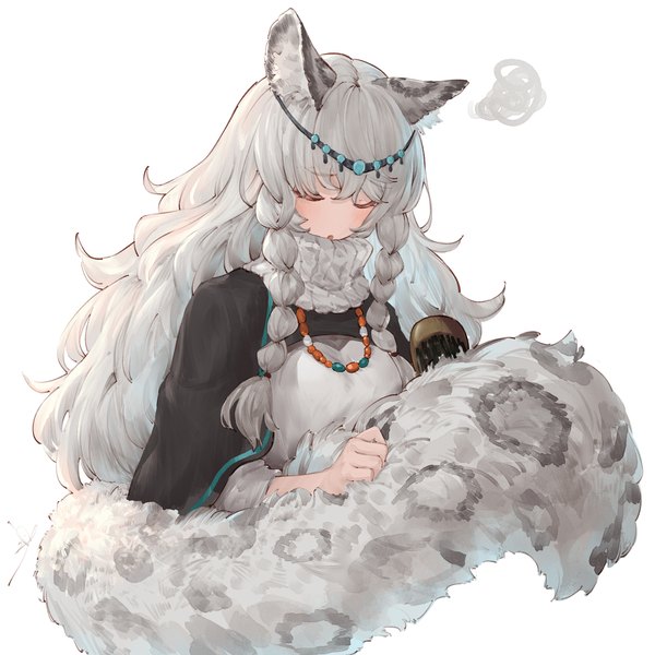 Anime picture 1757x1757 with arknights pramanix (arknights) io (io oekaki) single long hair highres simple background white background animal ears upper body tail braid (braids) eyes closed animal tail grey hair twin braids girl beads turtleneck comb