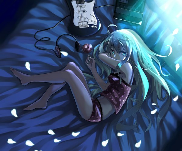 Anime picture 1000x833 with vocaloid romeo to cinderella (vocaloid) hatsune miku kamiljm single long hair looking at viewer lying aqua eyes aqua hair bare legs girl underwear panties petals headphones fruit guitar apple