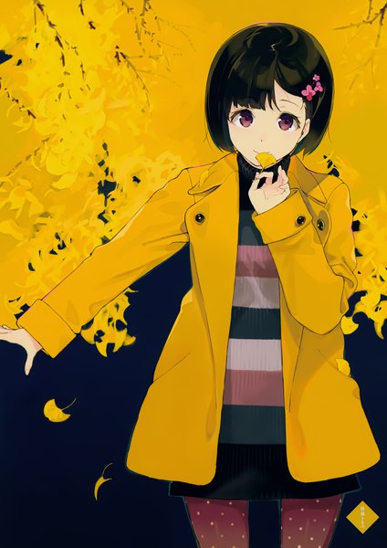 Anime picture 2828x4000 with original sasamori tomoe single tall image looking at viewer fringe highres short hair black hair smile brown eyes scan girl skirt hair ornament pantyhose leaf (leaves) sweater coat winter clothes
