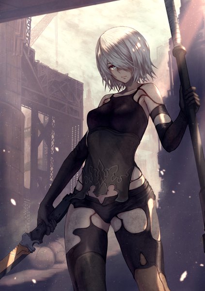 Anime picture 2039x2894 with nier nier:automata yorha type a no. 2 yasu (segawahiroyasu) single tall image looking at viewer fringe highres short hair blue eyes standing bare shoulders holding outdoors white hair sunlight hair over one eye mole mole under mouth