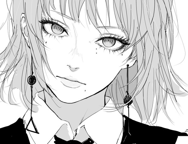Anime picture 1000x765 with chainsaw man mappa fami (chainsaw man) inoitoh single looking at viewer fringe short hair simple background white background head tilt mole mole under eye monochrome portrait mole under mouth girl earrings triangle earrings