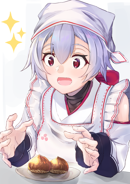 Anime picture 1191x1684 with fate (series) fate/grand order tomoe gozen (fate) tapioka (oekakitapioka) single tall image fringe open mouth hair between eyes red eyes silver hair long sleeves looking down girl food sweets apron plate headscarf