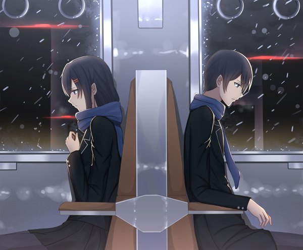 Anime picture 2423x2006 with original roi (liu tian) blush fringe highres short hair blue eyes black hair hair between eyes sitting looking away long sleeves parted lips head tilt profile pleated skirt looking down snowing back to back sad