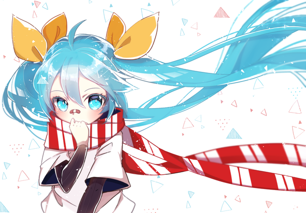 Anime picture 2122x1479 with vocaloid common world domination (vocaloid) hatsune miku chuuko anpu single long hair looking at viewer fringe highres blue eyes hair between eyes white background twintails blue hair long sleeves bandaid on nose girl scarf bandaid striped scarf