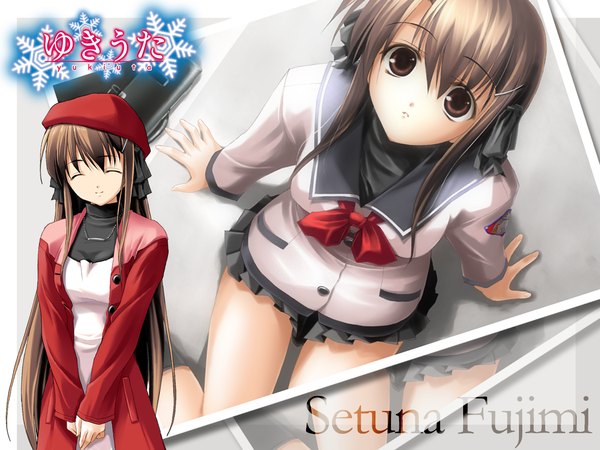 Anime picture 1280x960 with yukiuta fujimi setsuna fumio (ura fmo) long hair looking at viewer fringe hair between eyes brown hair sitting brown eyes eyes closed from above arm support wallpaper copyright name character names wariza ^ ^ girl uniform