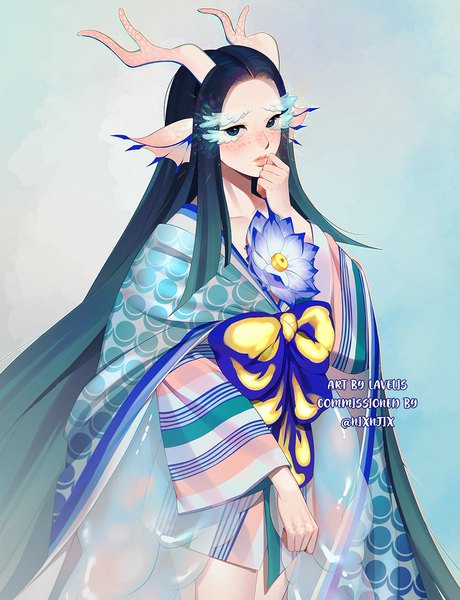 Anime picture 920x1200 with original lavelis single tall image looking at viewer blush simple background standing very long hair traditional clothes horn (horns) text english hand to mouth monster girl dark hair girl flower (flowers)