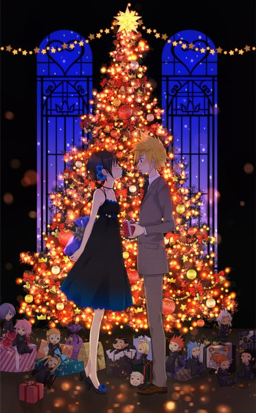 Anime picture 1378x2212 with kingdom hearts square enix okitsune (okitsune-sama) tall image blush short hair blue eyes blonde hair brown hair hair flower couple girl dress boy hair ornament necktie window star (symbol) suit gift