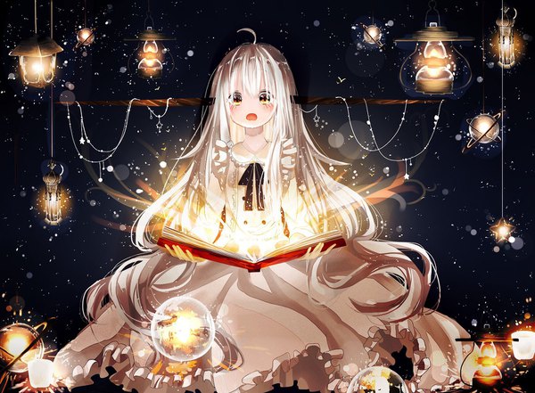 Anime picture 1630x1200 with original yuzua single blush open mouth holding brown eyes silver hair ahoge very long hair sparkle looking down glow surprised girl dress ribbon (ribbons) frills white dress book (books)