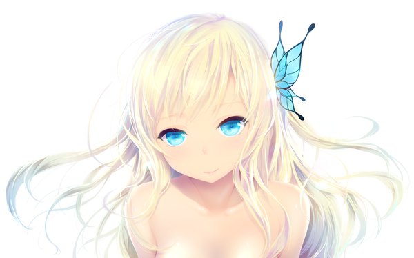 Anime picture 4157x2598 with boku wa tomodachi ga sukunai kashiwazaki sena cait single long hair looking at viewer blush fringe highres blue eyes blonde hair simple background smile wide image white background bare shoulders absurdres upper body girl hair ornament