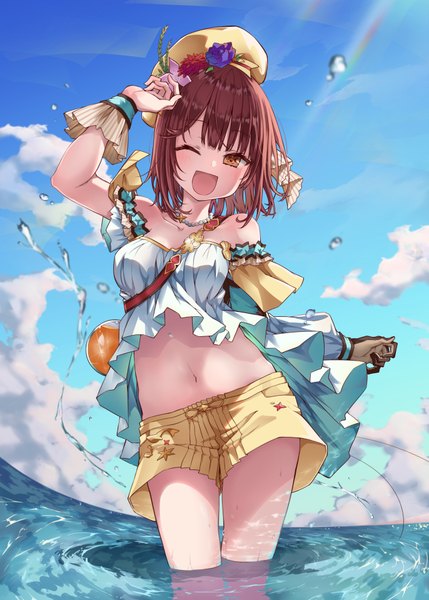 Anime picture 1372x1920 with atelier (series) atelier sophie gust (company) sophie neuenmuller alt single tall image blush short hair open mouth smile brown hair standing bare shoulders brown eyes sky cloud (clouds) outdoors one eye closed arm up