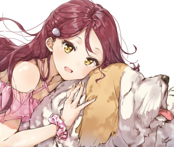 Anime picture 1256x1058 with love live! sunshine!! sunrise (studio) love live! sakurauchi riko shiitake (love live! sunshine!!) takenoko no you single long hair looking at viewer blush fringe breasts open mouth simple background smile white background signed yellow eyes cleavage red hair