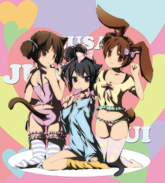 Anime picture 1000x1105 with k-on! kyoto animation nakano azusa hirasawa ui suzuki jun haruna mahiru (artist) long hair tall image short hair light erotic black hair red eyes brown hair multiple girls brown eyes animal ears cat ears alternate hairstyle hair up girl