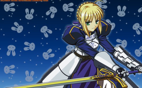 Anime picture 1920x1200 with fate (series) fate/stay night studio deen type-moon artoria pendragon (all) saber highres blonde hair wide image green eyes ahoge girl dress weapon sword armor