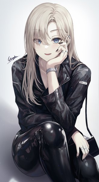 Anime picture 1095x2000 with original gongha single long hair tall image looking at viewer blush fringe open mouth blue eyes simple background blonde hair smile sitting signed bent knee (knees) long sleeves nail polish :d fingernails
