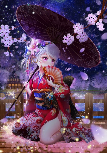 Anime picture 2079x2953 with original lunacle single long hair tall image looking at viewer blush fringe highres holding silver hair bent knee (knees) outdoors long sleeves traditional clothes japanese clothes pink eyes hair flower night wide sleeves