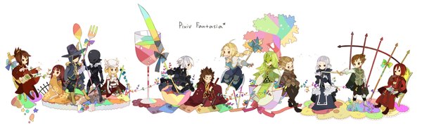 Anime picture 4600x1400 with original pixiv fantasia pixiv fantasia iii elaine (pixiv fantasia) yata (pixiv fantasia) rinju umisu blush highres blonde hair brown hair wide image white background red hair japanese clothes :o group chibi reading long image weapon