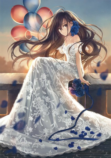 Anime picture 2121x3000 with original eshi 100-nin ten hagiwara rin single long hair tall image looking at viewer fringe highres breasts hair between eyes brown hair sitting bare shoulders holding brown eyes sky cleavage cloud (clouds) outdoors