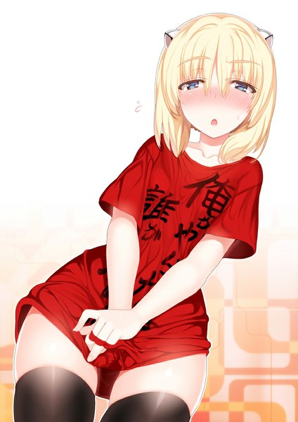 Anime picture 707x1000 with original char tall image looking at viewer blush short hair open mouth blue eyes light erotic blonde hair clothes writing girl thighhighs hair ornament black thighhighs t-shirt