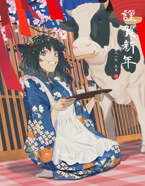 Anime picture 1200x1535 with original riz (taiwan) single long hair tall image looking at viewer blue eyes black hair smile sitting animal ears braid (braids) traditional clothes japanese clothes grin cherry blossoms floral print new year plaid seiza