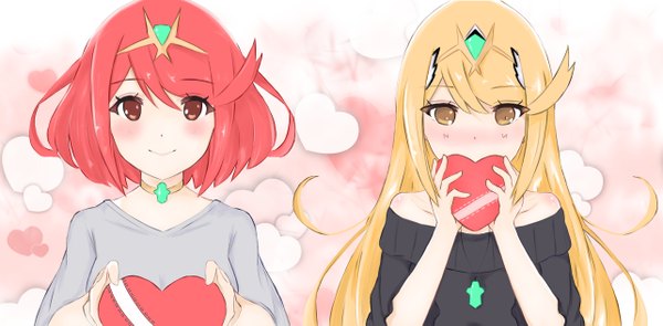 Anime picture 5132x2530 with xenoblade xenoblade 2 pyra (xenoblade) mythra (xenoblade) mxsoundtube long hair looking at viewer blush fringe highres short hair simple background blonde hair smile hair between eyes red eyes wide image bare shoulders multiple girls holding