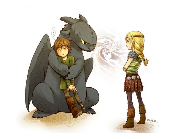 Anime picture 1102x866 with how to train your dragon dreamworks toothless hiccup horrendous haddock iii astrid hofferson k@de long hair short hair simple background blonde hair brown hair yellow eyes braid (braids) hug single braid crossed arms girl boy skirt animal