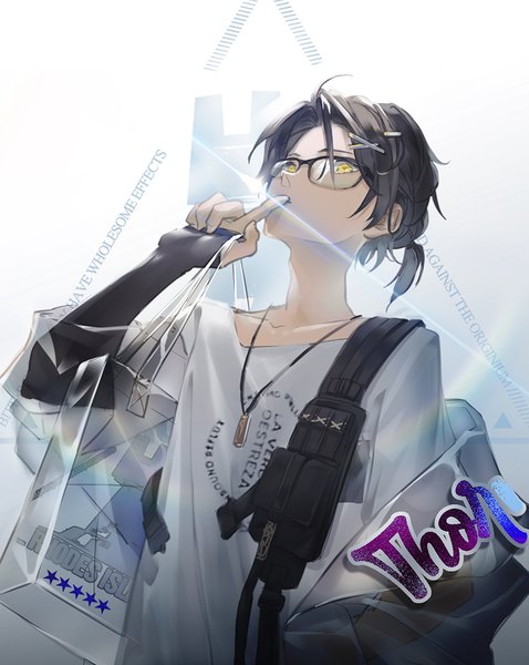 Anime picture 800x1005 with arknights thorns (arknights) thorns (comodo) (arknights) mizukai single tall image short hair black hair yellow eyes upper body from below official alternate costume finger to mouth low ponytail boy hair ornament glasses pendant bobby pin x hair ornament