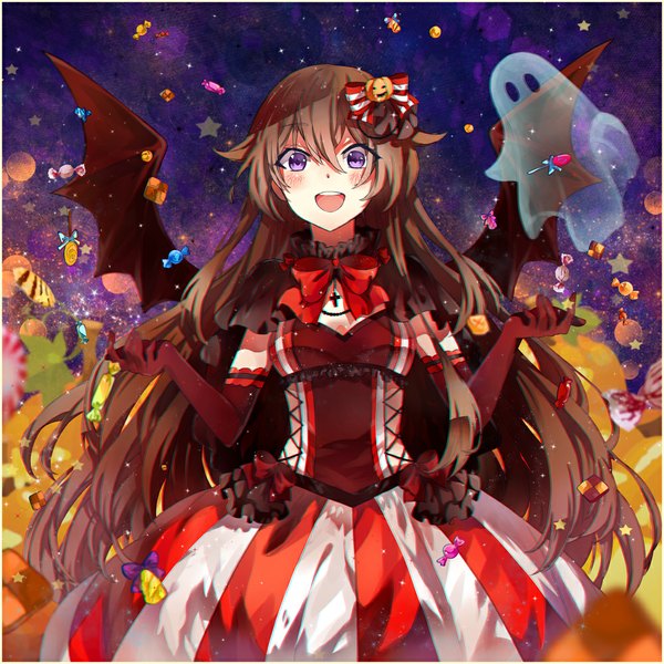 Anime picture 1000x1000 with pandora hearts xebec alice (pandora hearts) teka single long hair looking at viewer blush open mouth brown hair purple eyes border halloween bat wings ghost girl dress gloves wings elbow gloves