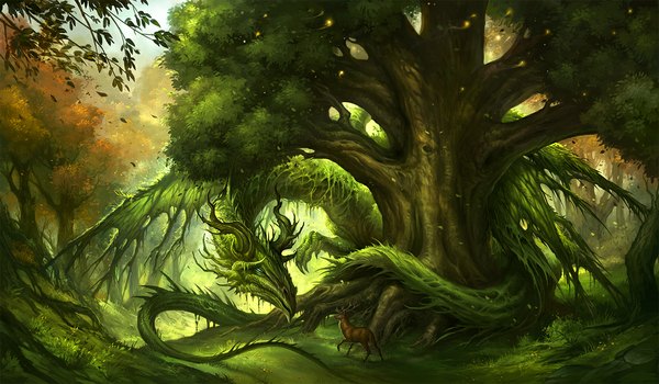 Anime picture 1150x671 with sandara blue eyes wide image horn (horns) no people plant (plants) animal tree (trees) leaf (leaves) forest dragon deer